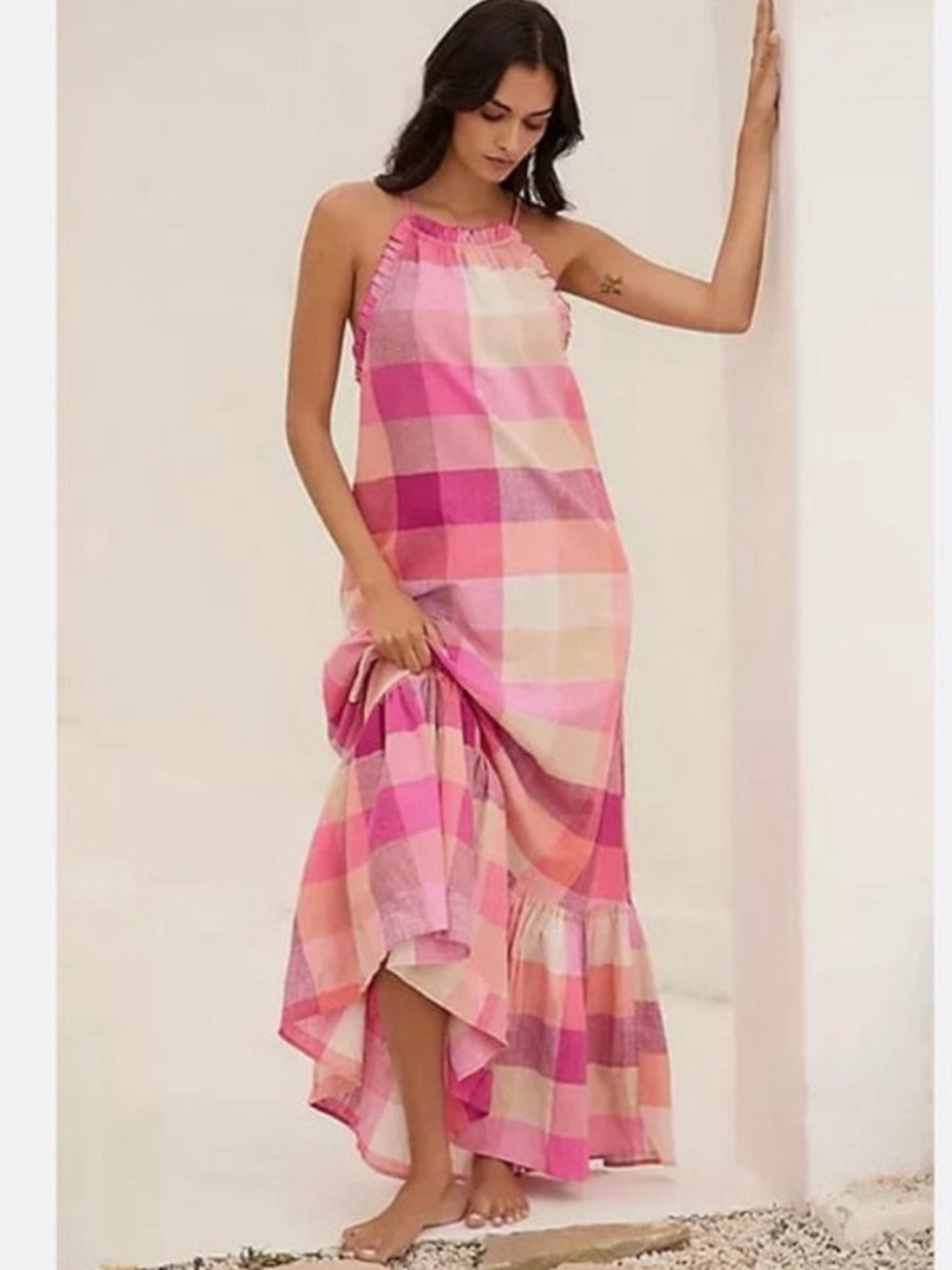 Anthropologie Pink Plaid Halter High-Low Maxi Dress